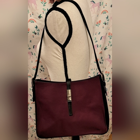 EUC Lamarthe Burgundy Cotton & Black Italian Leather Casual Shoulder Purse Bag - Picture 2 of 16